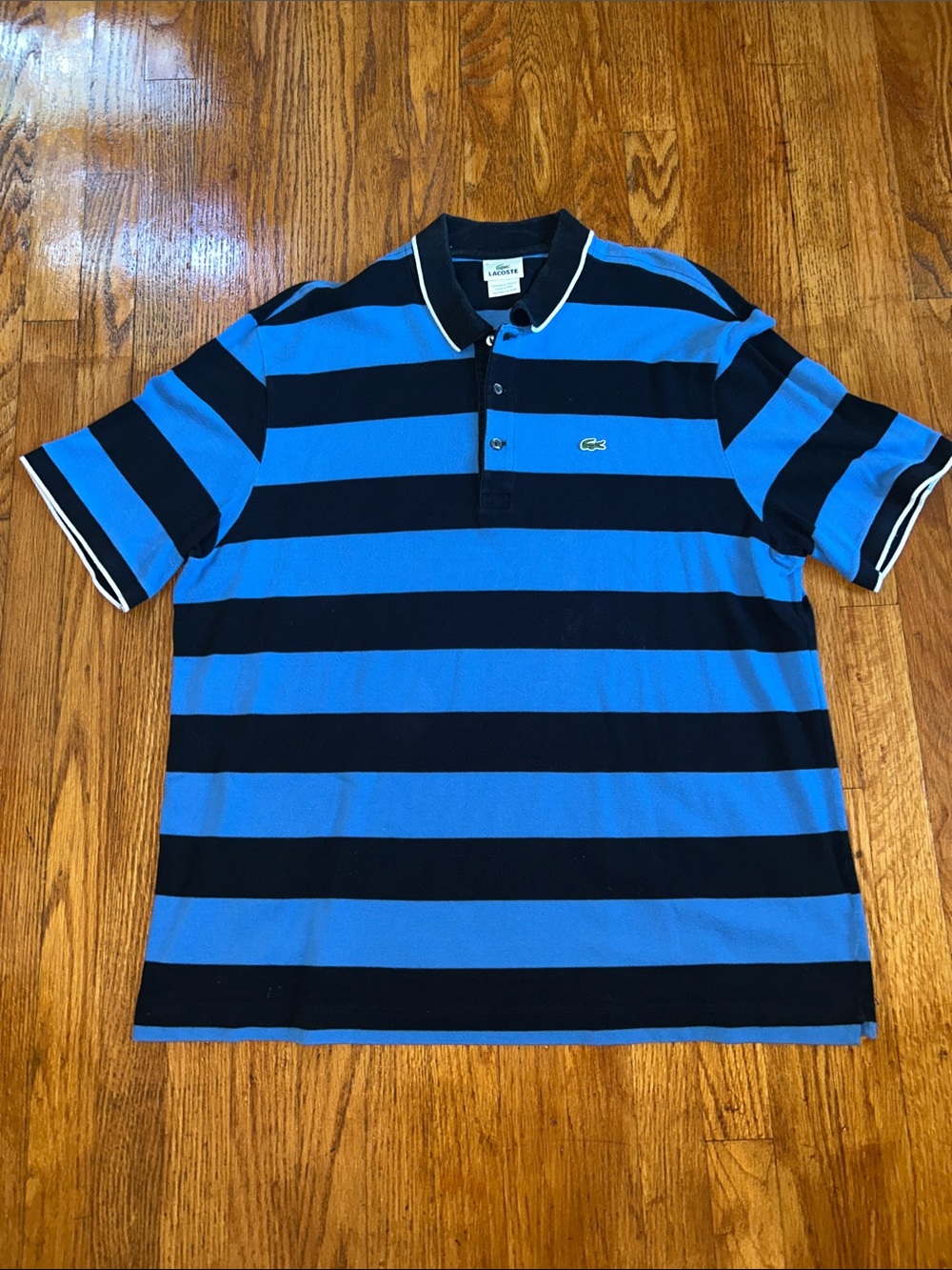 Lacoste Men’s Blue and Black Horizontal Stripe Polo